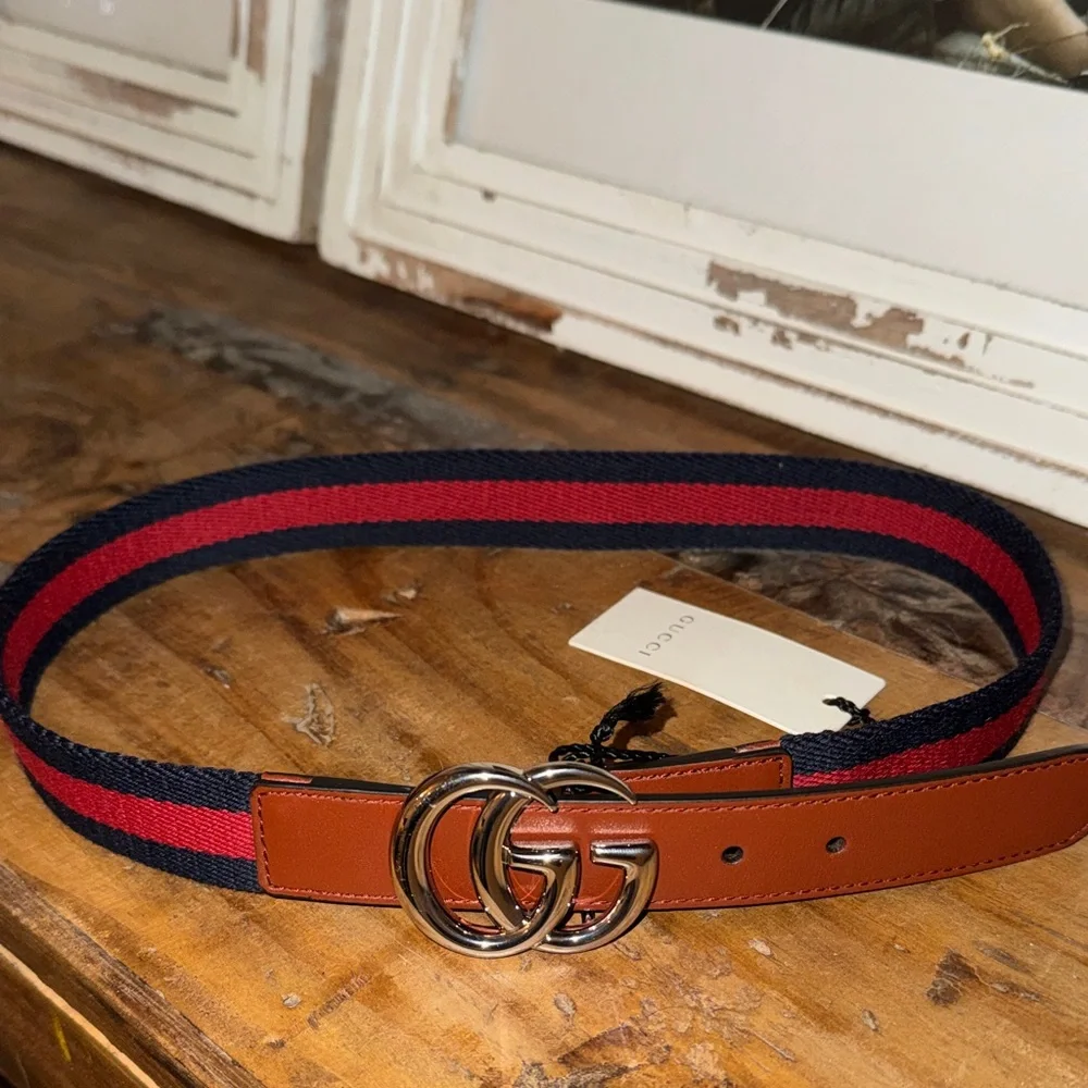 Gucci kids Tan and Navy Belt with Red Accents